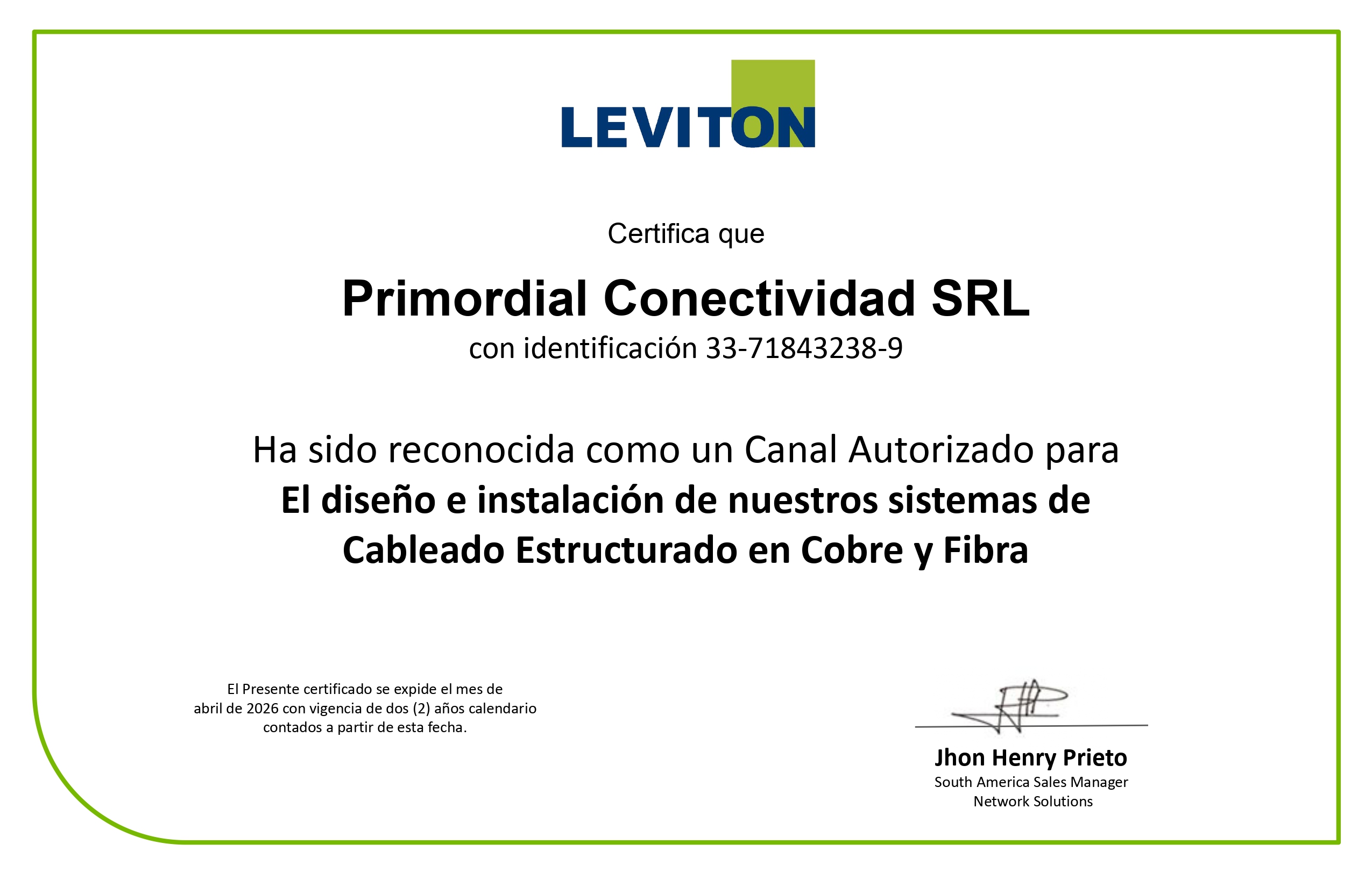 Leviton Channel Partner - Primordial Conectividad SRL